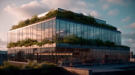 Modern office building with a glass facade and greenery on the rooftop. Generative AI