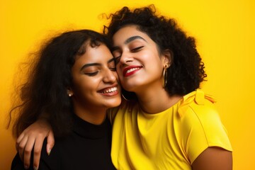 Two friends hugging, Lesbian women in love. LGBTQ+ month pride  celebration generate ai