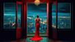 An elegant woman on a high rise balcony looking out over a city at dusk wearing a long red dress.
generative ai