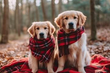 Poster - two dogs enjoying a peaceful moment on a cozy blanket in the midst of nature. Generative AI