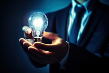business innovation concept, a business man holding a lightbulb, generative ai.