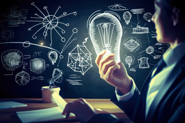 business innovation concept, a business man holding a lightbulb, generative ai.