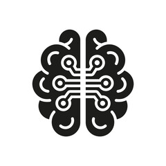 Poster - Tech Science Silhouette Pictogram. Human Brain and Digital Technology Black Solid Icon. Neurology and Artificial Intelligence Glyph Symbol on White Background. Isolated Vector Illustration