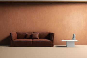 Wall Mural - Modern cozy living room with monochrome terracotta wall. Contemporary interior design with trendy earth tones wall color, brown sofa, table for mockups. Generative AI.