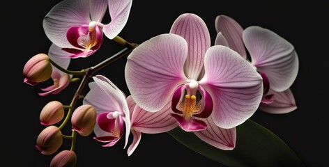 Wall Mural - Pink tropical orchid on a black canvas, blank Generative AI