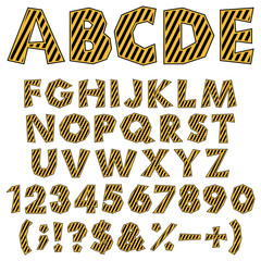 Aufkleber - Colored chopped alphabet, numbers and signs with warning markings. Isolated vector objects on white background.