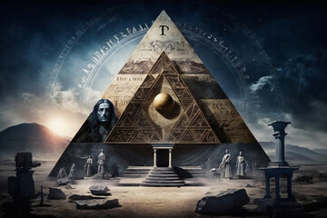 pyramid with astrology and esoteric symbols on it. esoteric, ancient wisdom or freemasonry concept c