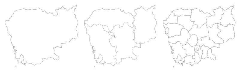  Cambodia map set with a white-black outline, regions map, and administration map of Cambodia