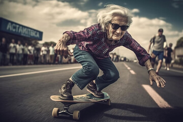 Crazy granny riding skateboard on the street, Generative Ai illustration