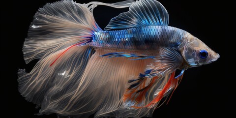 Fototapete - Betta fish mirroring its own image in a plastic container Generative AI