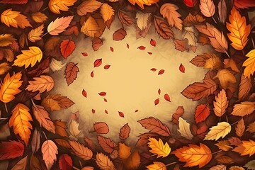 Sticker - Circular Arrangement of Colorful Autumn Leaves in a Pile. Generative AI