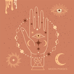 Canvas Print - Mystical moon phases and woman hand, alchemy esoteric magic space, sacred wheel of the year, vector isolated on beige background