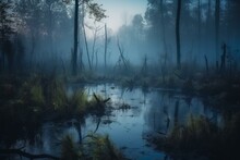 Mysterious Forest Swamp At Foggy Night Or Dusk. Generative AI