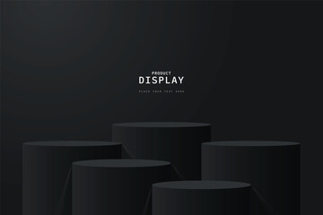 Empty black clean room with set of five steps 3D cylinder podium pedestal or product display stand. 3D vector geometric platform design. Minimal wall scene for mockup. stage for product presentation.