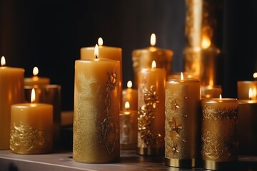 Wall Mural - Golden Decorated Candles On Wooden Table. Generative AI