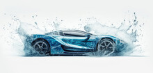 Sports Car Surrounded By Water Splashes. Generative AI. Eco-friendly Concept