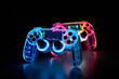 © ADDICTIVE STOCK - Generative AI illustration set of modern gamepads with colorful neon illumination placed on black background in dark room