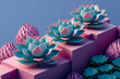 © ADDICTIVE STOCK - Generative AI illustration set of various cactuses placed on rectangular stands among pink stones on blue background