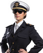 Female Pilot, Captain in Uniform on White Background