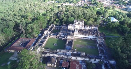 Poster - Abandoned Ruined Building Church in Antigua City in Guatemala. Drone Point of View. Sightseeing. Earthquake