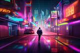 Fototapeta Londyn - man walking on a future street at night
