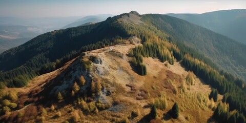 Poster - A view from a height of a mountain peak with green trees in the fog.Aerial view. Panoramic shot. Generative AI