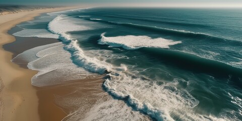 Canvas Print - Top view of a beautiful tropical beach with sea waves.Aerial view. Panoramic shot. Generative AI