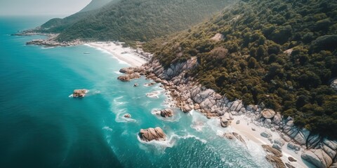 Poster - Top view of a beautiful tropical beach with sea waves.Aerial view. Panoramic shot. Generative AI
