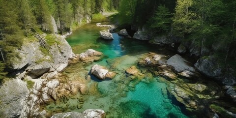 Poster - View of the mountain river on a sunny day.Aerial view. Panoramic shot. Generative AI