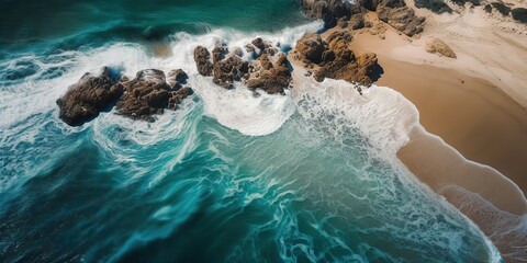 Poster - Top view of a beautiful tropical beach with sea waves.Aerial view. Panoramic shot. Generative AI