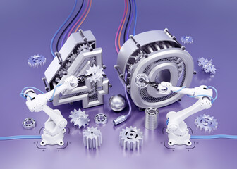 Aufkleber - Industry 4.0 in Robotics. Two robotic arms assembling the number 4.0 from mechanical parts are on reflective background. 3D-rendering graphics on the theme of Modern Technology Development.