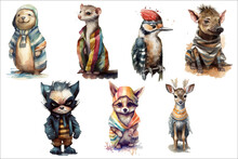 Safari Animal Set Walrus, Weasel, Woodpecker, White-tail Deer, Wolf, Warthog, Wolverine In 3d Style. Isolated . Generative AI