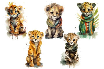 Poster - Safari Animal set Tiger, Lion, Jaguar, Cheetah, Leopard in 3d style. Isolated. Generative AI