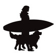 Vector silhouette of woman with surfboard and happy dog on white background.