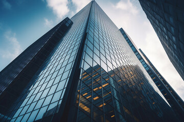 reflective skyscrapers, business office buildings. low angle photography of glass curtain wall detai