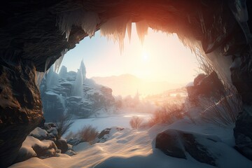 Wall Mural - frozen cavern, with distant view of the sun rising over the horizon, created with generative ai