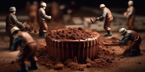 Miniature concept. Mans working in a chocolate cake. 