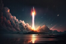Rocket Launch Into The Night Sky, With Stars Shining Above, Created With Generative Ai