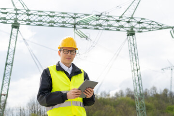 Poster - Engineer with digital tablet on a background of power line tower
