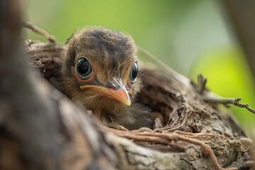 Sticker - newborn bird peeking out from its nest, curious about its surroundings, created with generative ai