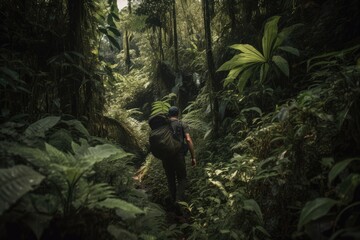 Wall Mural - outdoorsman trekking through jungle, surrounded by lush greenery, created with generative ai