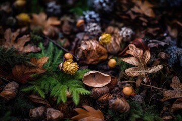 Wall Mural - seasonal changes in nature, with a macro shot of the forest floor and its intricate details, created with generative ai