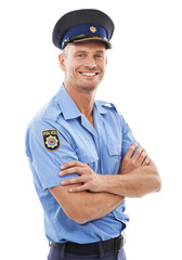 Wall Mural - Police officer portrait, arms crossed and man with a smile for justice isolated on a transparent png background. Security, law and professional compliance person in uniform for public service