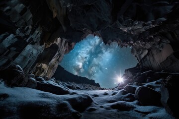 Wall Mural - frozen cavern, with view of the night sky and stars visible through hole in the ceiling, created with generative ai