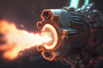 Poster - close-up of alien blaster, with the details visible, as it fires at group of startled humans, create