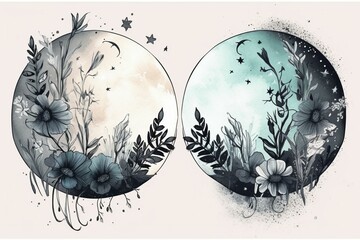 Watercolor moon and florals label. Isolated logo design with plants and lunar silhouette. Generative AI