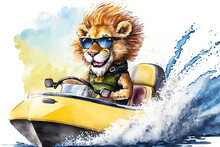 Cute Cartoon Smilling Lion In Sunglasses Sailing On  Jet Ski, Watercolor, Generated AI