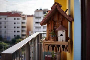 Sticker - lovely birdhouse and feeder on a small balcony with a view of the city, created with generative ai