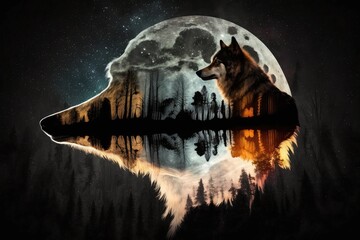 Wall Mural - double exposure of wolf howling at full moon, created with generative ai