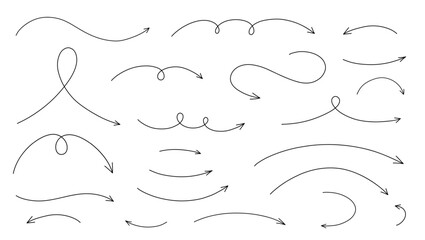 Wall Mural - hand drawn thin line arrows set. vector curvy and wavy arrows isolated on white background.